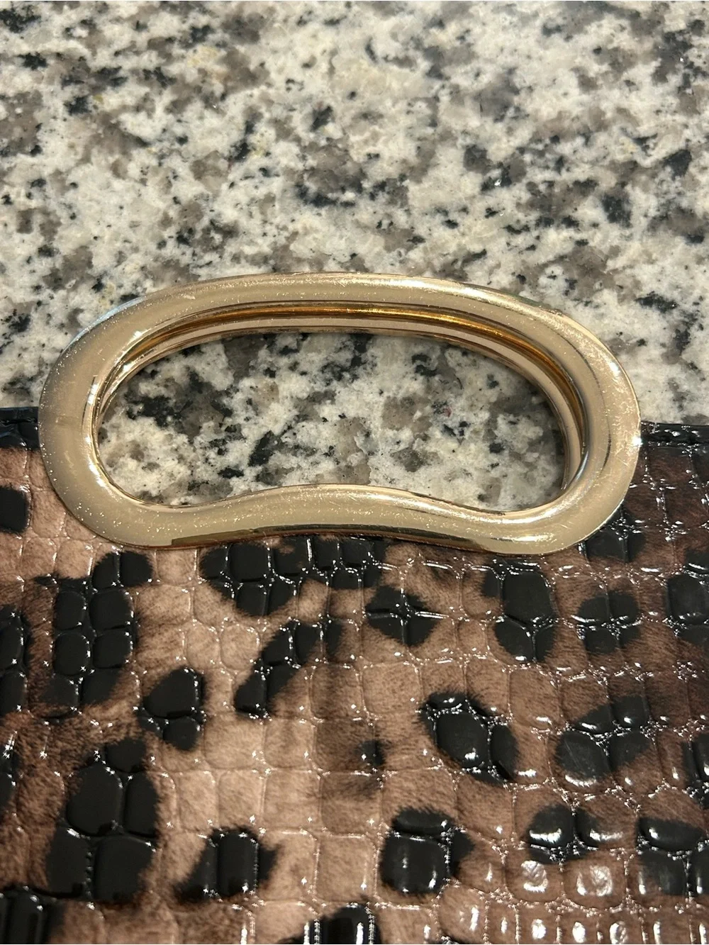 Brown Black Faux Croc Structured Clutch Gold Tone Handle